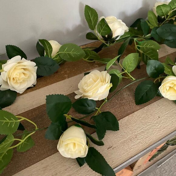Cream Ivory Off White Rose Garland 7' Long Green Leaf Foliage Faux Flowers - Picture 3 of 4
